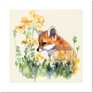 Baby Fox and Flowers Posters and Art